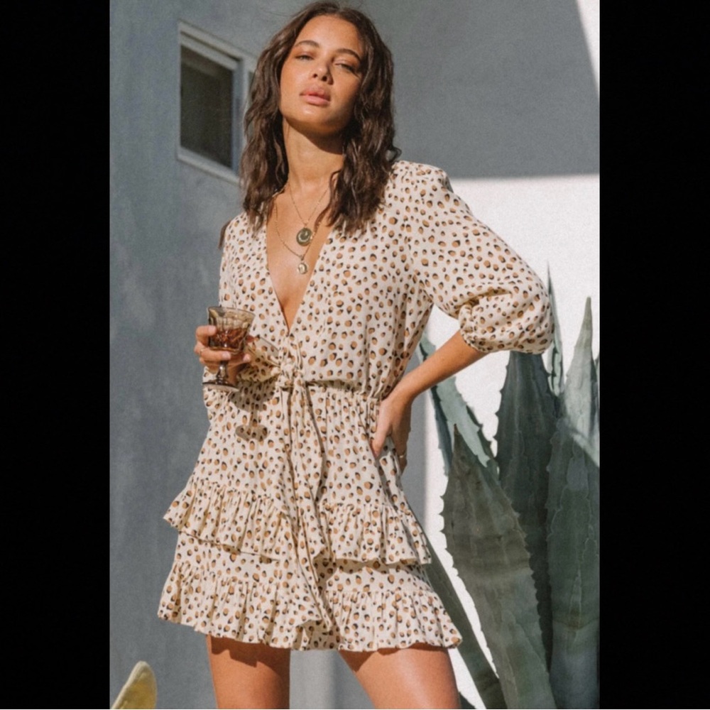 Kivari Cream Tie-Front Ruffle Mini Dress